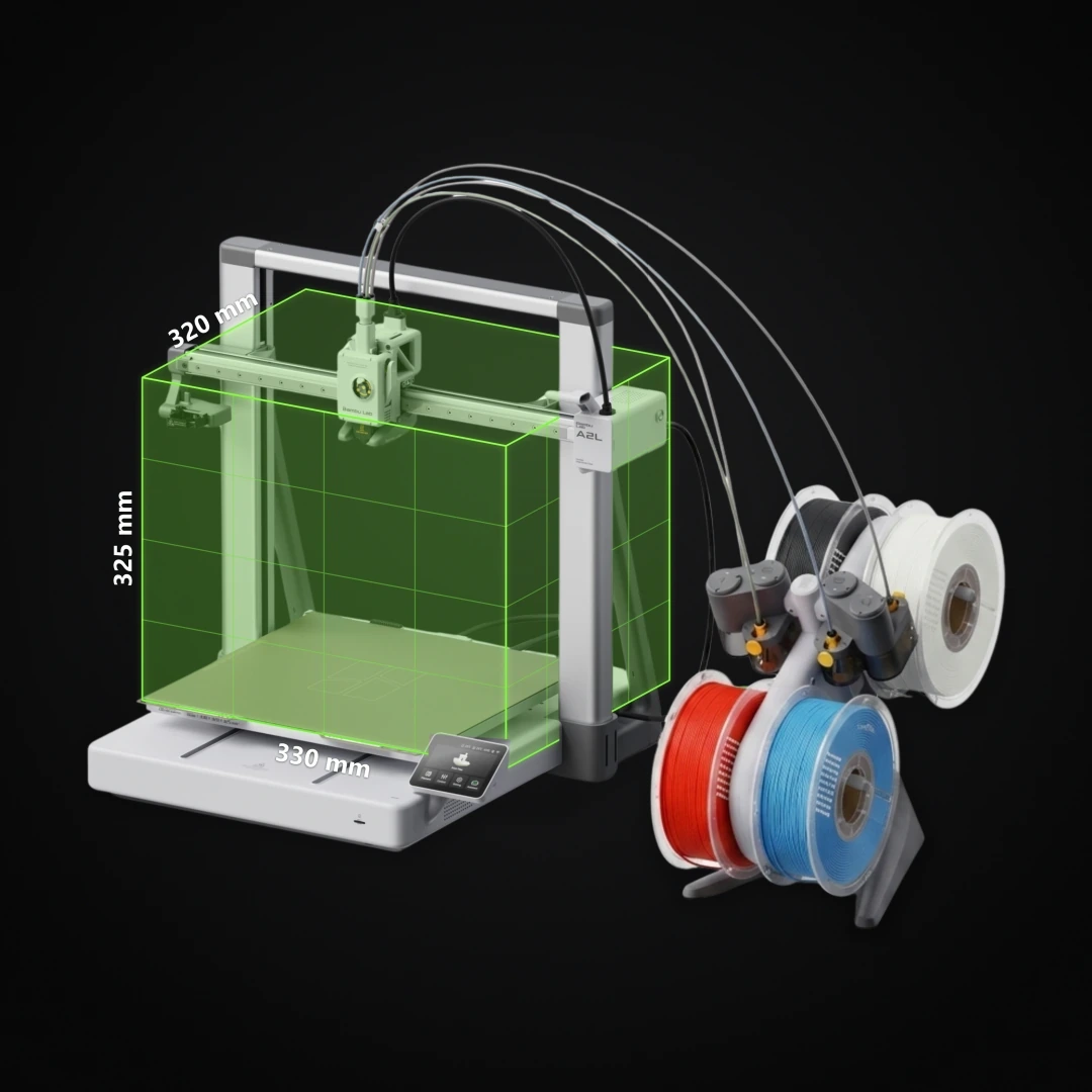 Bambu Lab A2L Combo BUNDLE 4 Bambu Lab A2L showing its 330×320×325 mm build volume