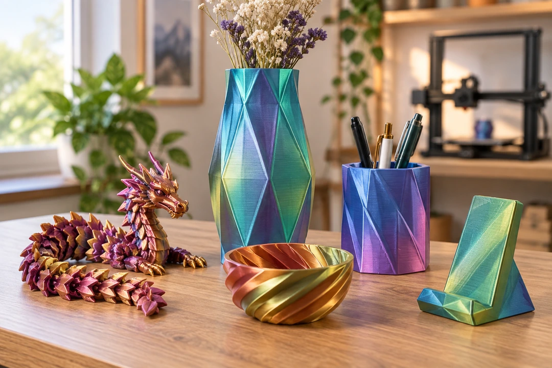 PLA Silk Tri Color 1.75mm 10 PLA Silk Tri Color 3D-printed vase, dragon and desk items