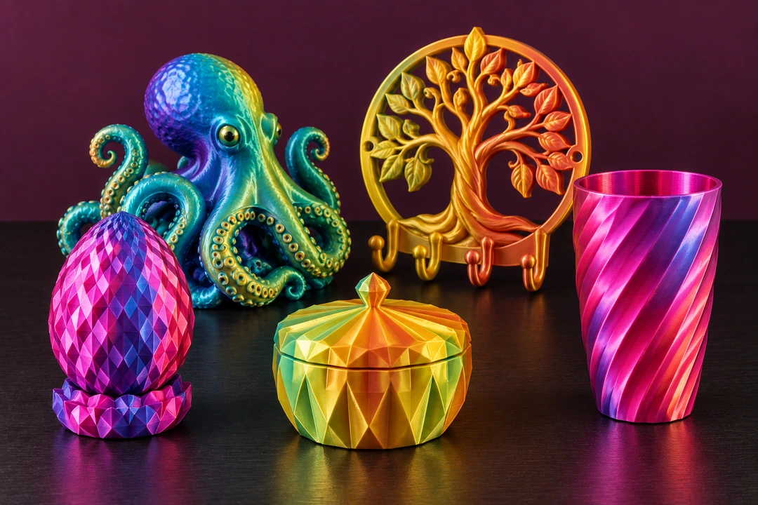 PLA Silk Tri Color 1.75mm 11 PLA Silk Tri Color 3D-printed octopus, tree and vases
