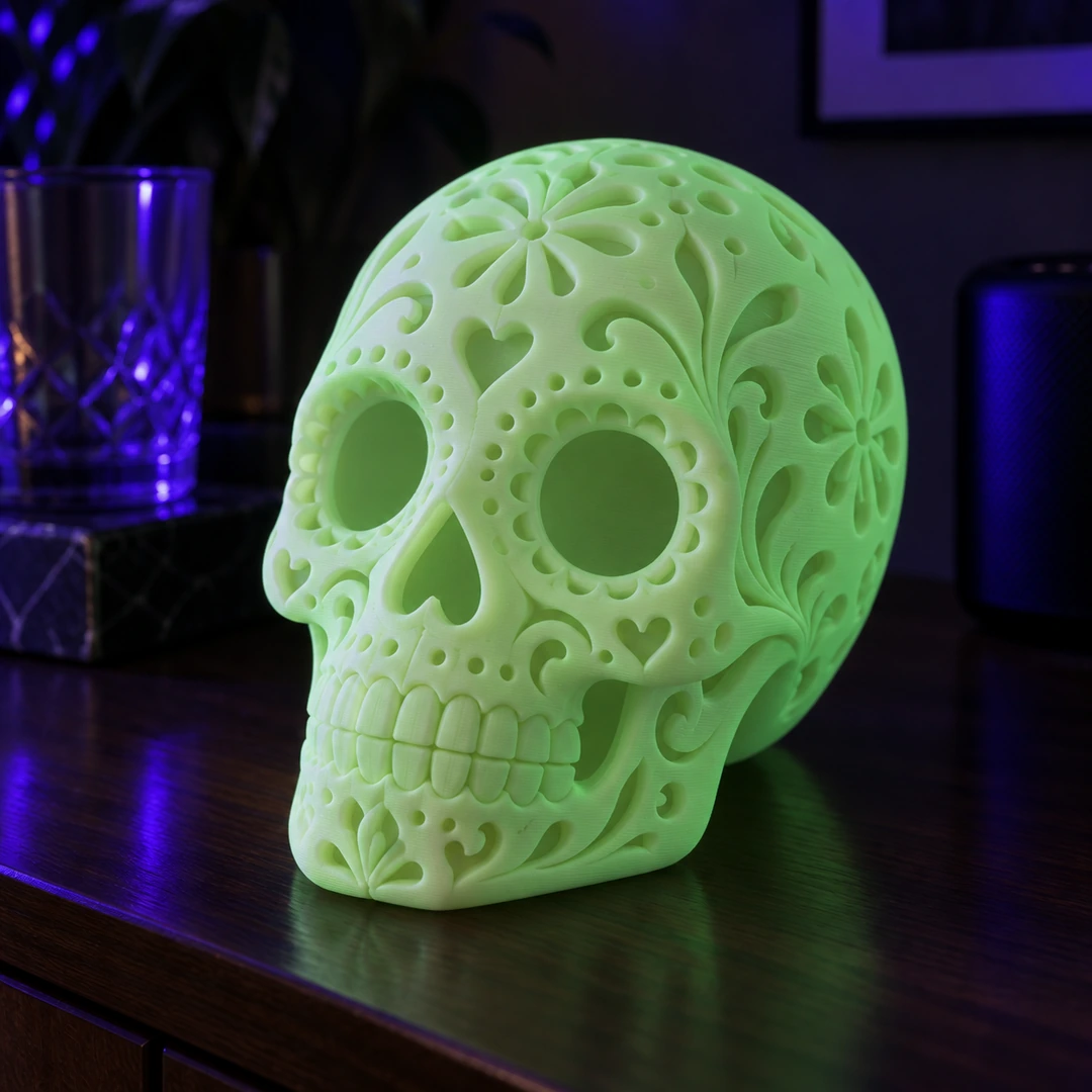 PLA Lumos 1.75mm 7 PLA Lumos 3D-printed skull under UV light