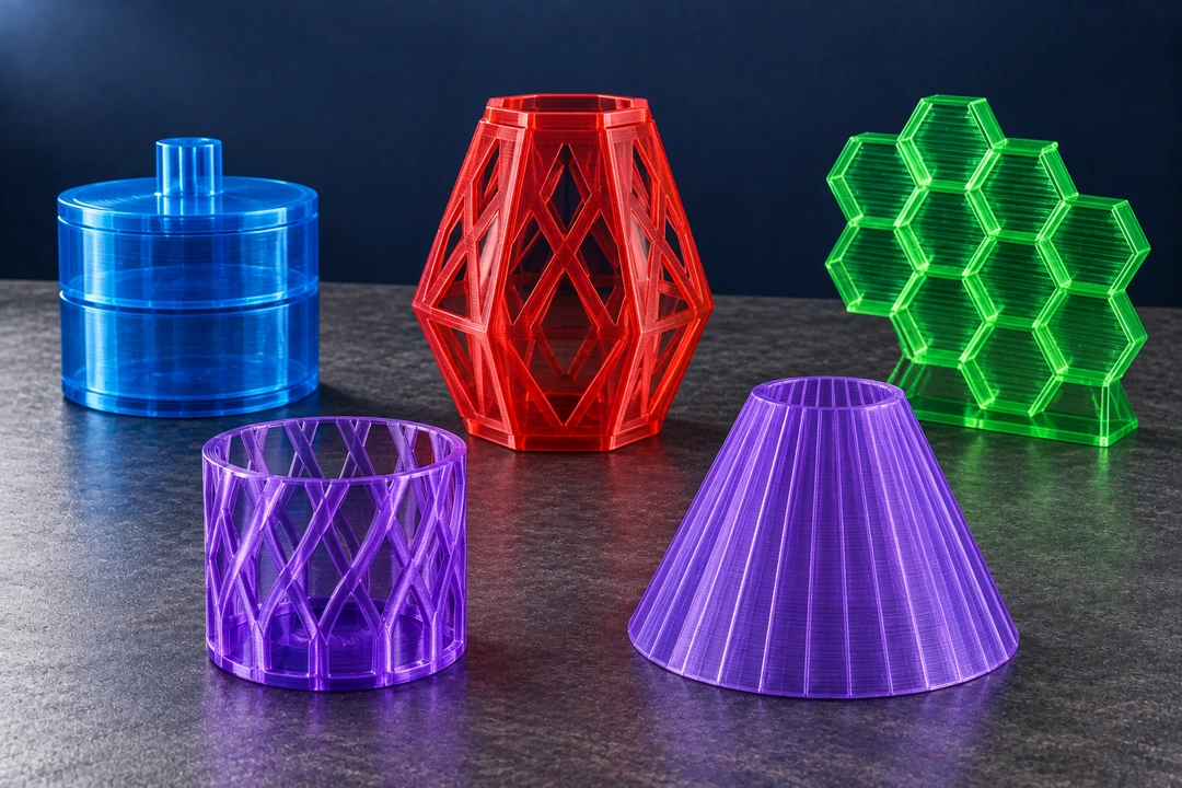 PETG Hyper Speed Transparent 1.75mm 11 Transparent PETG Hyper Speed 3D prints in blue, red, green and purple