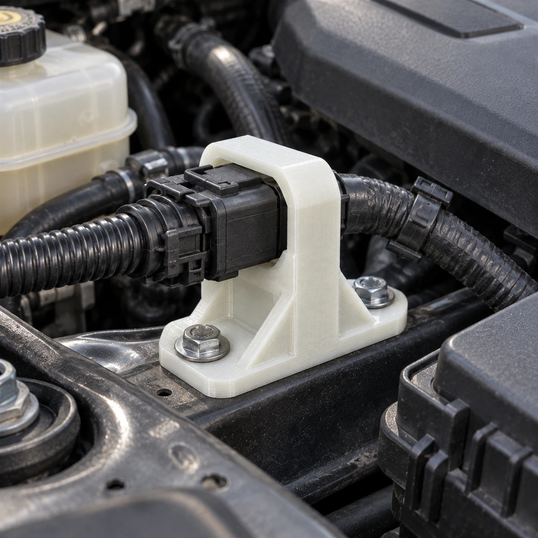PC ABS 1.75mm 7 White PC ABS 3D-printed automotive part in an engine bay