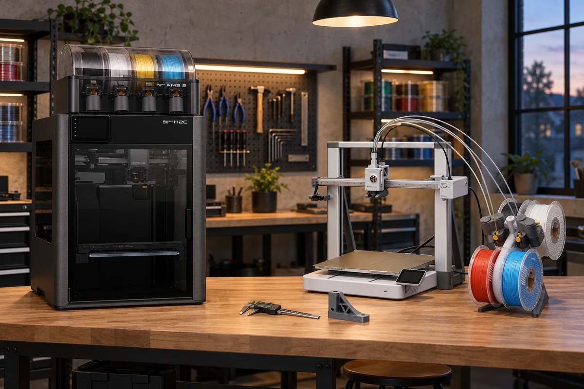 Bambu Lab H2C Combo 9 3D printers in a workshop with filament spools