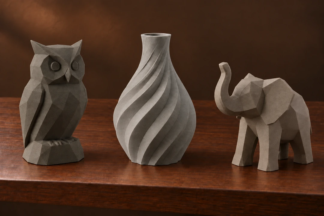 Refill Unset PLA Wood LumberLay 1.75mm 11 Unset LumberLay wood-like 3D-printed owl, vase and elephant